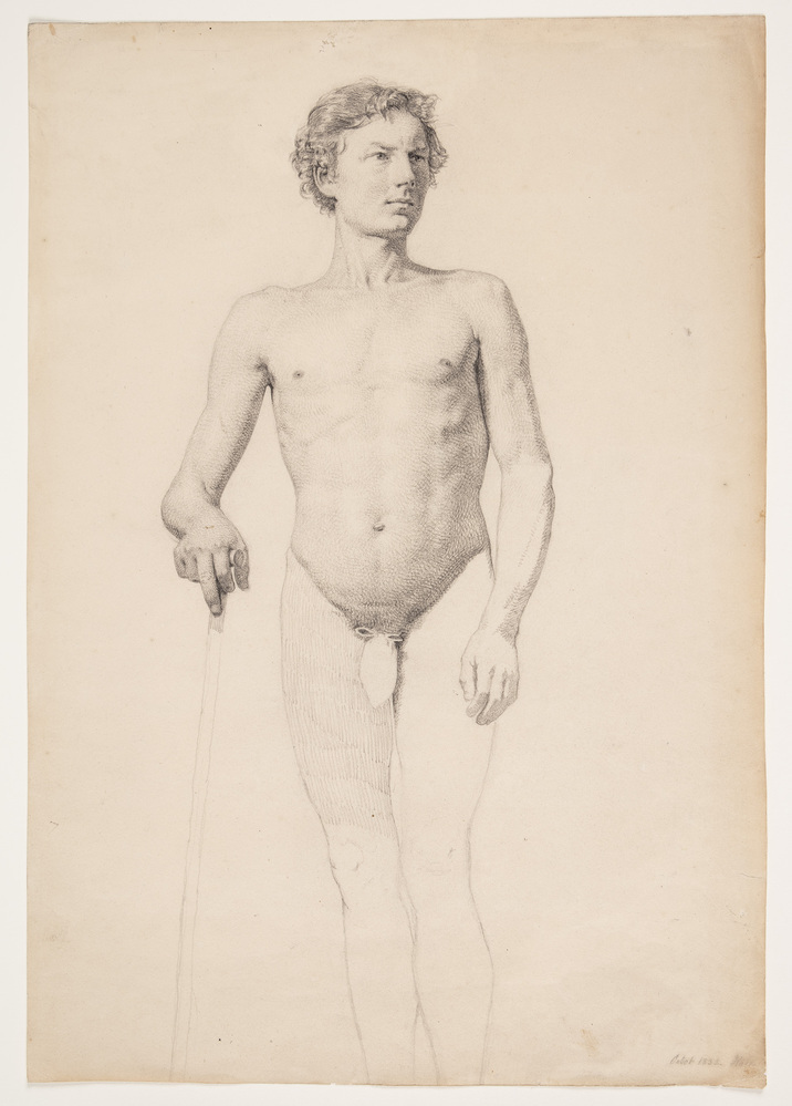 Stående mandlig akademimodel, benene kun konturerede