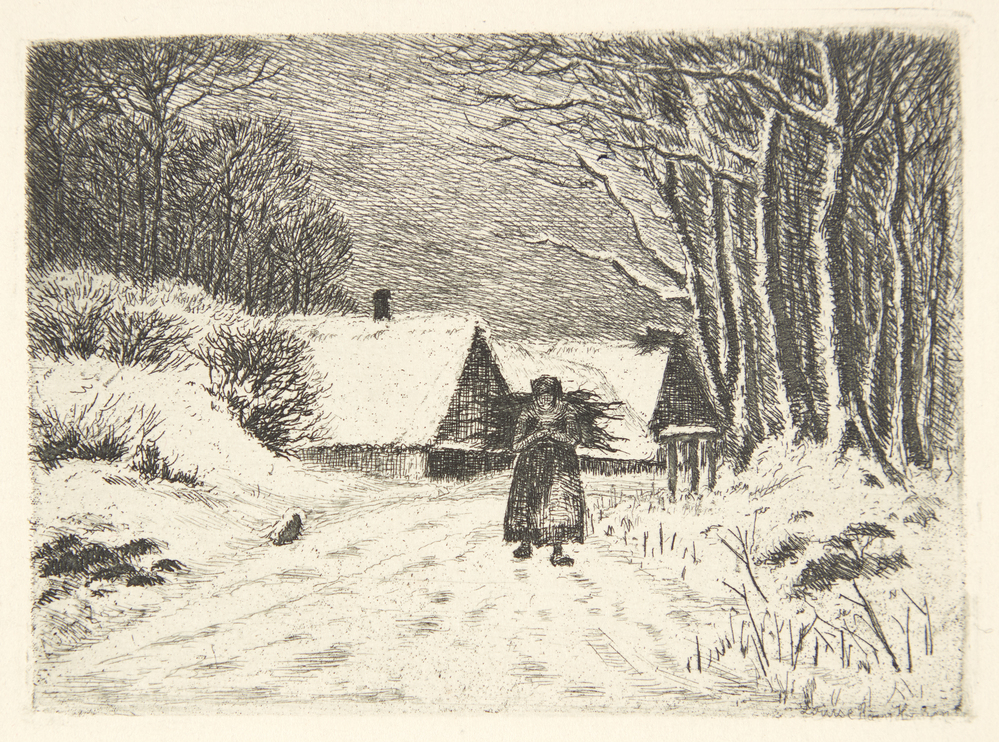 Vinterlandskab. En kone med en brændeknippe