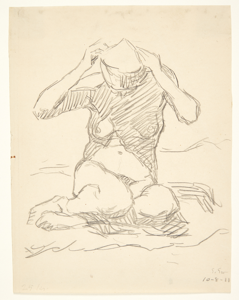 Siddende nøgen kvinde på strandbred, Sigurd Swane, 1911