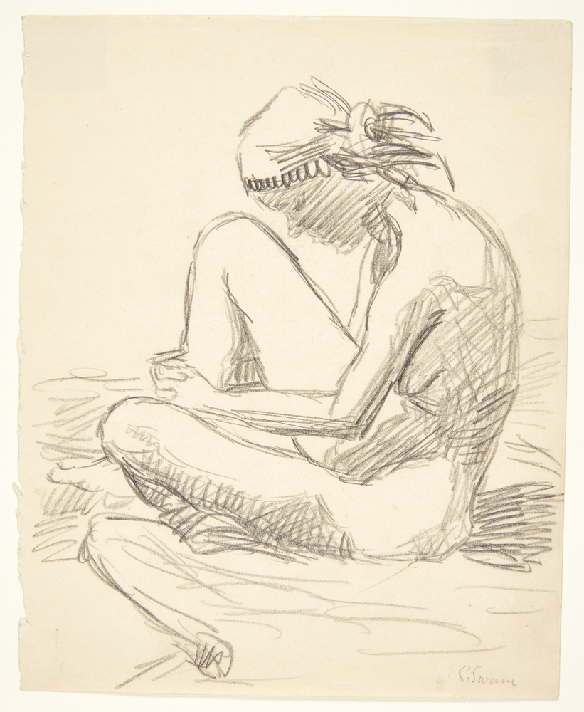 Siddende nøgen kvinde på strandbred, set fra siden, Sigurd Swane, 1911