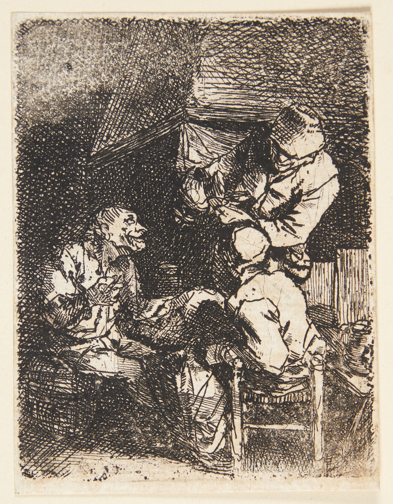 Tre figurer ved et ildsted