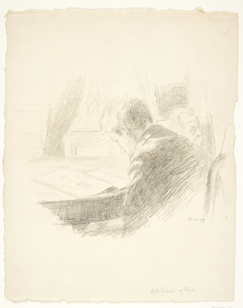 Interiør med kunstnerens broder Hjalmar og faderen, læsende, Sigurd Swane, 1899