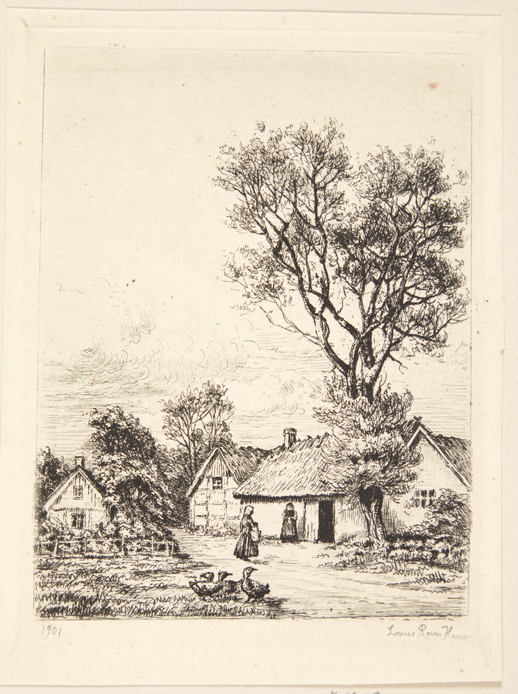 Bondehuse, med et stort træ