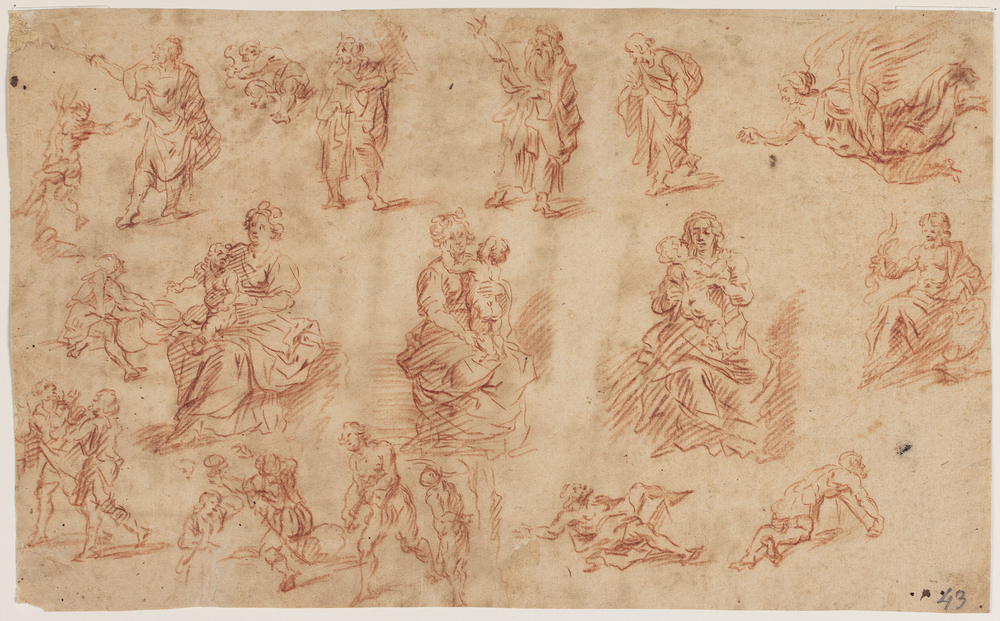 Studieblad med ialt 23 figurer, heriblandt Moses, der slår vand af klippen, Moses med Lovens Tavler, en engel med palmegren, tre gange Maria med Jesusbarnet, samt Jupiter med tordenkilen