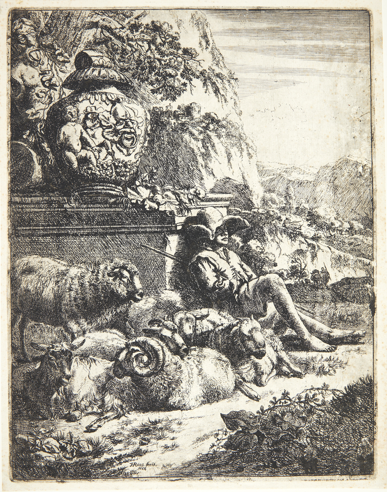 Hvilende hyrde lænet mod piedestal