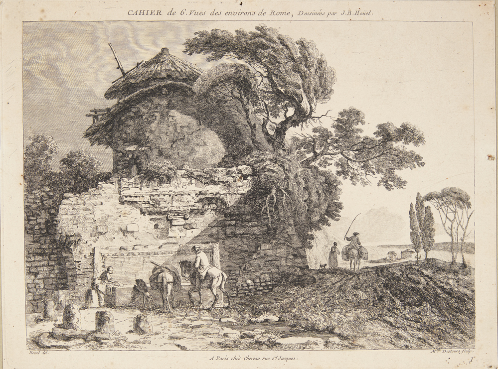 Landskab med to heste, der drikker af et trug