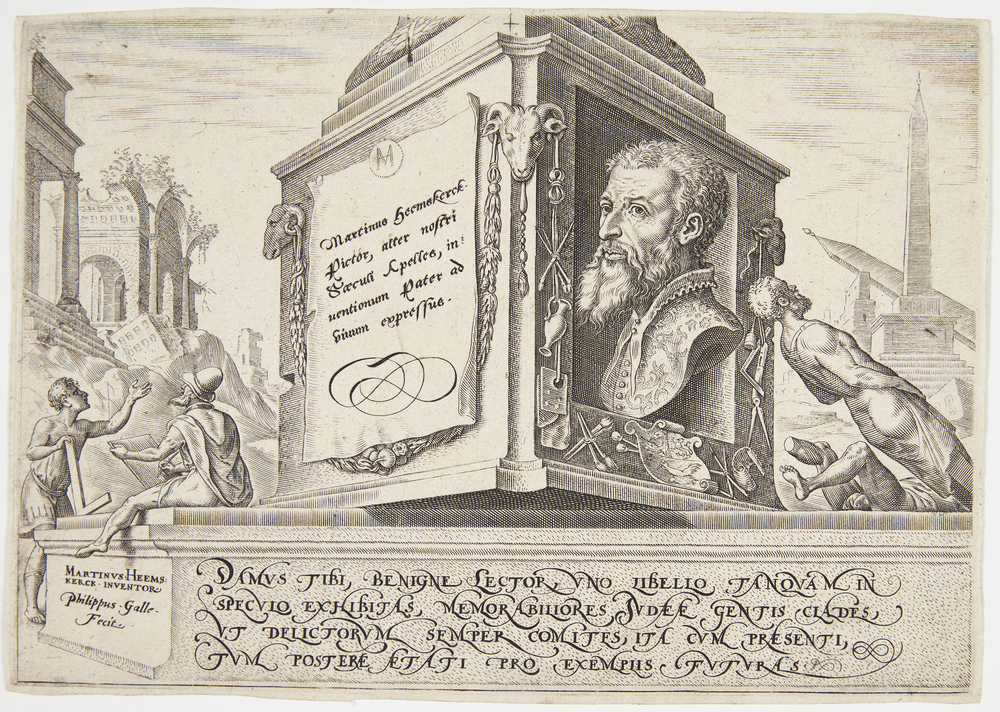 Portræt af Maarten van Heemskerck. Titelblad til "Det jødiske folks ulykker"